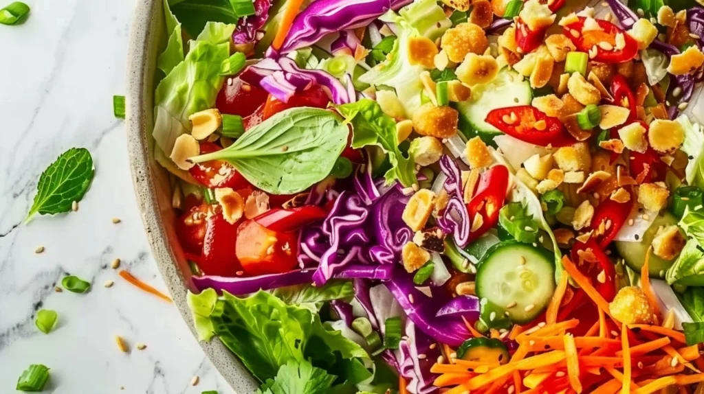 A vibrant Asian Crunch Salad with mixed vegetables and crunchy toppings.