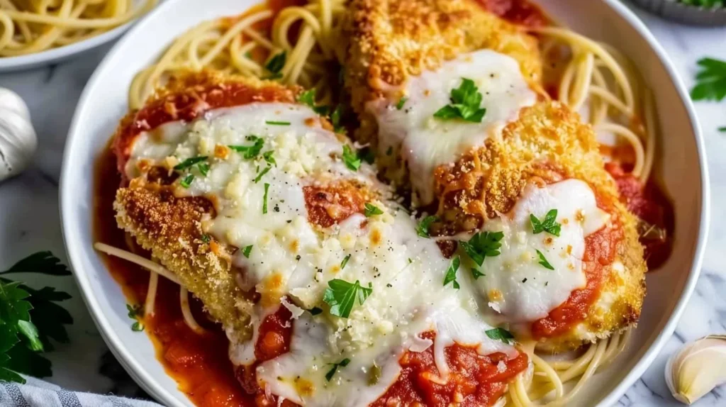 A plate of baked chicken parmesan topped with marinara sauce and melted cheese.