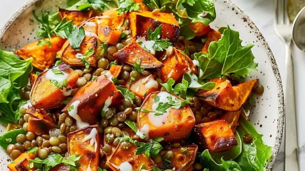 Delicious caramelized sweet potato and lentil salad in a bowl.