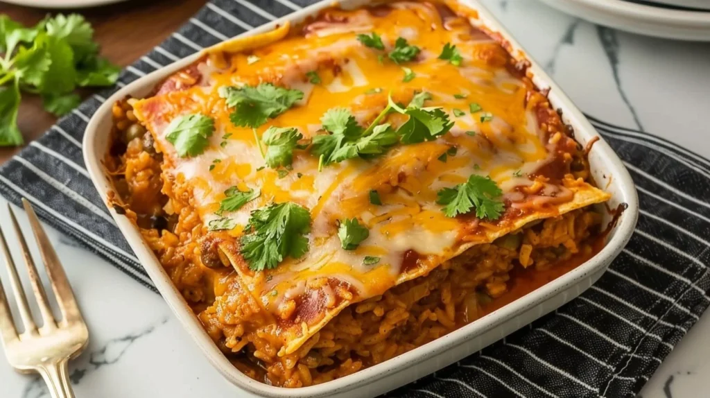 Cheesy beef enchilada casserole with rice in a baking dish