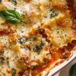 Cheesy Herb Lasagna topped with fresh herbs and melted cheese, served in a baking dish.
