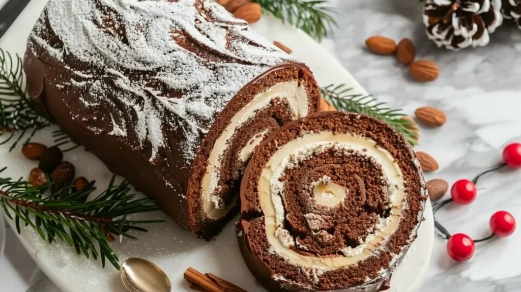 Chocolate Almond Yule Log Cake decorated for Christmas