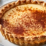 Delicious Cinnamon Vanilla Custard Pie topped with a sprinkle of cinnamon