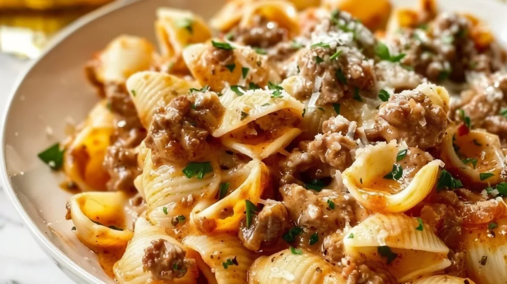 Creamy beef and shells dish served in a bowl with fresh herbs on top.