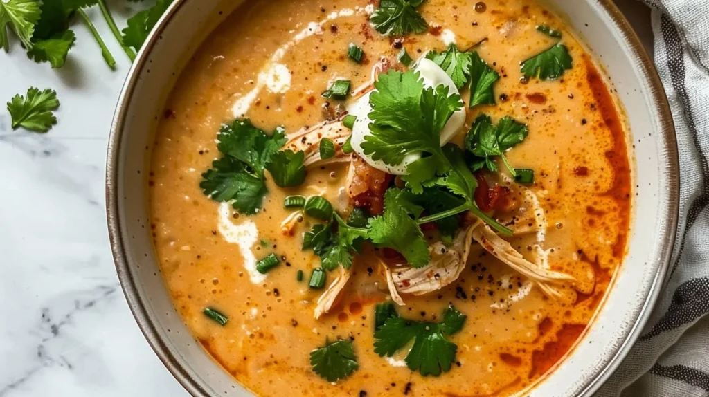 Bowl of creamy chicken enchilada soup garnished with cheese and cilantro
