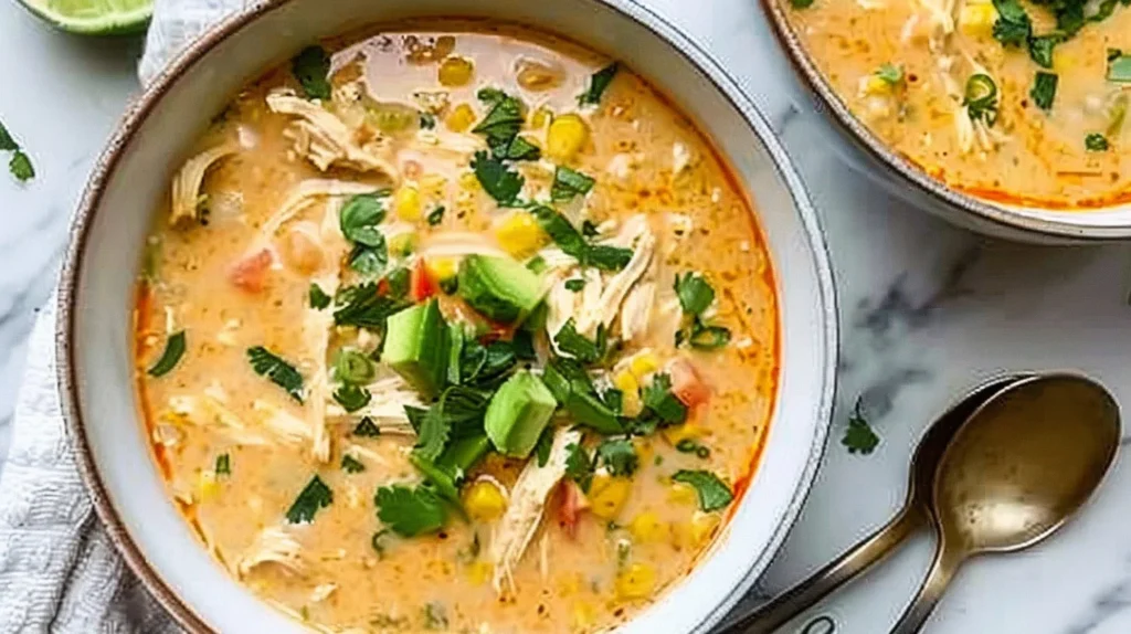 Bowl of creamy chicken enchilada soup garnished with cilantro and cheese