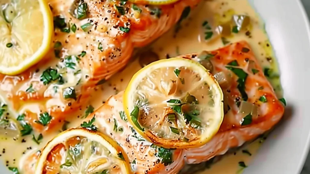 Creamy lemon garlic salmon piccata served on a plate with fresh herbs.