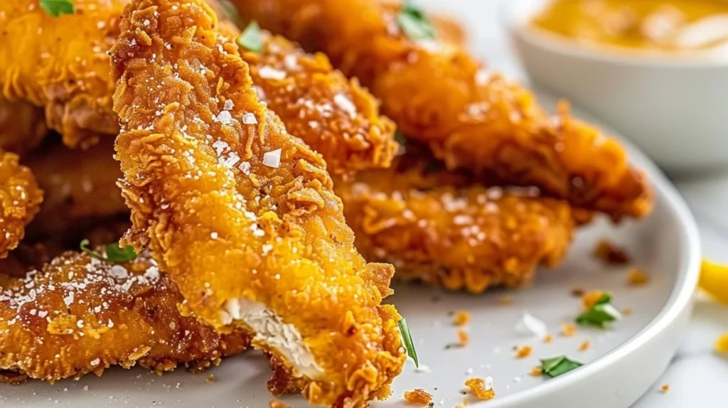 Crispy chicken tenders served with dipping sauce