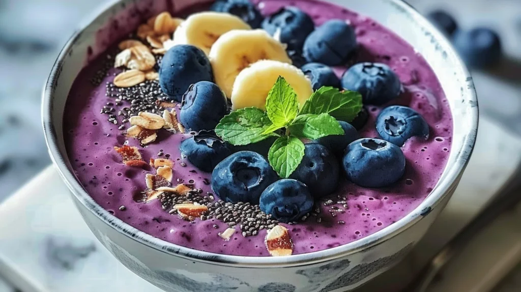 Blueberry spinach smoothie bowl topped with fresh fruit and seeds.