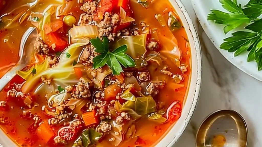 Bowl of easy cabbage soup with ground beef topped with herbs