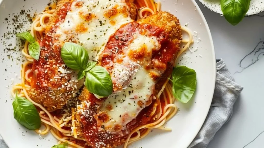 Delicious easy chicken parmesan served with pasta and fresh herbs