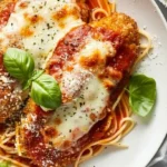Delicious easy chicken parmesan served with pasta and fresh herbs