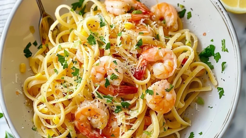 Delicious plate of easy shrimp pasta garnished with herbs.