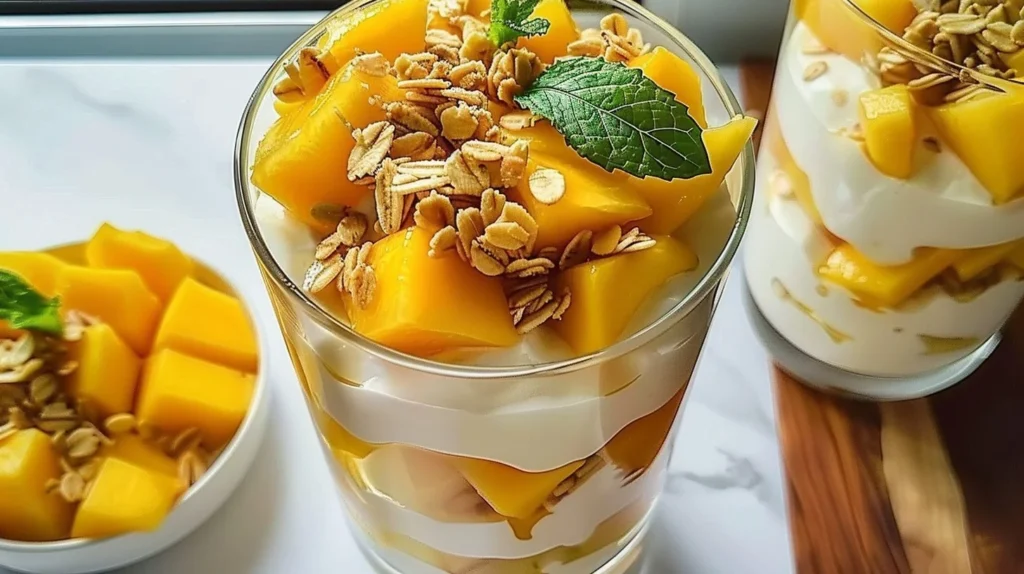Tropical mango yogurt parfait layered with fresh mango and granola.