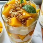 Tropical mango yogurt parfait layered with fresh mango and granola.