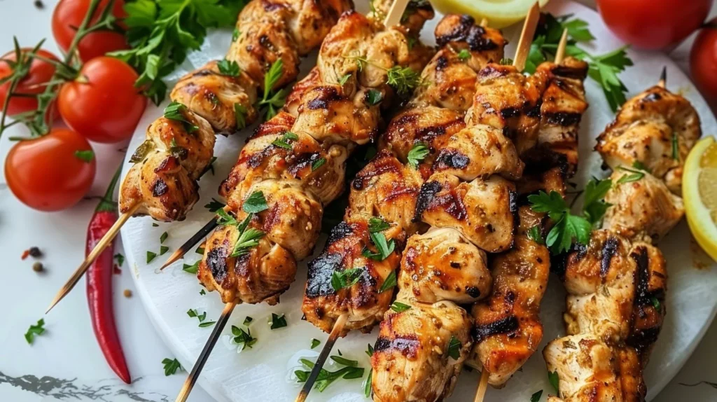 Grilled chicken skewers with bell peppers and onions on a wooden platter