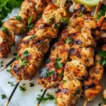 Grilled chicken skewers with bell peppers and onions on a wooden platter