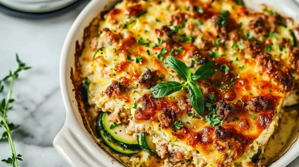Healthy Ground Turkey Zucchini Casserole baked to perfection