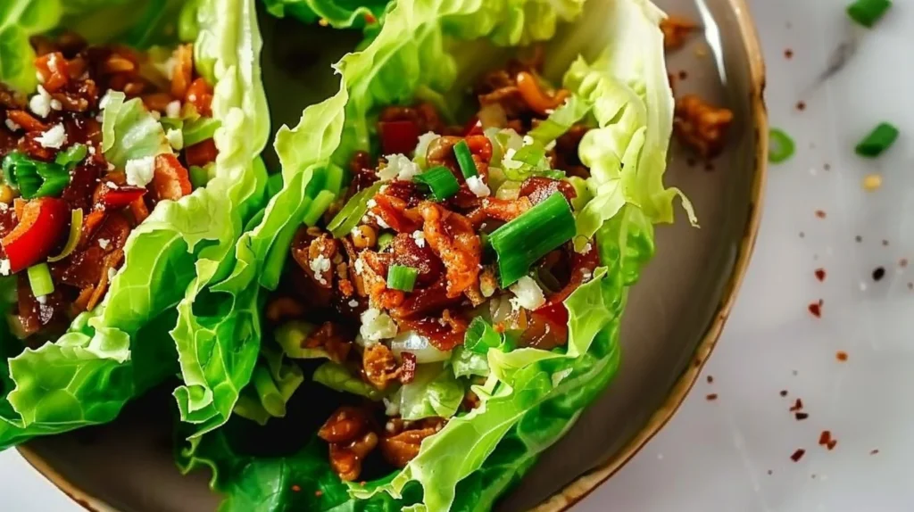 Healthy lettuce wraps filled with fresh vegetables and protein