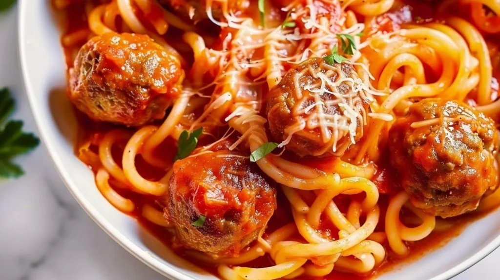 Homemade Spaghettios and meatballs in a vibrant bowl