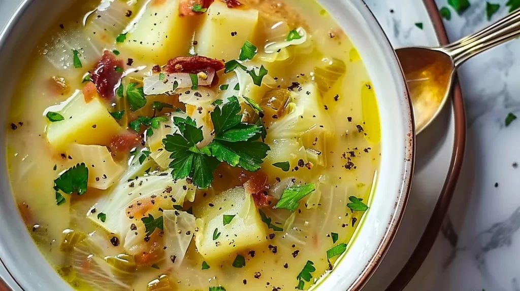 Bowl of Irish Potato and Cabbage Soup, garnished with herbs