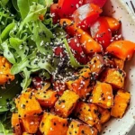 Juicy roasted sweet potato salad bowl with fresh ingredients and vibrant colors.