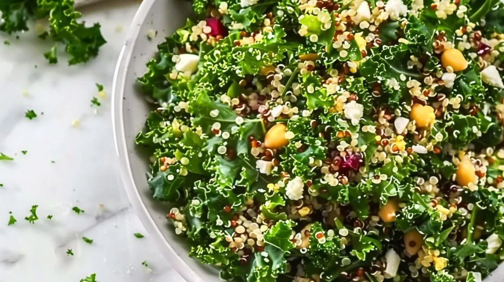 Healthy Kale Quinoa Salad with vibrant greens and colorful veggies