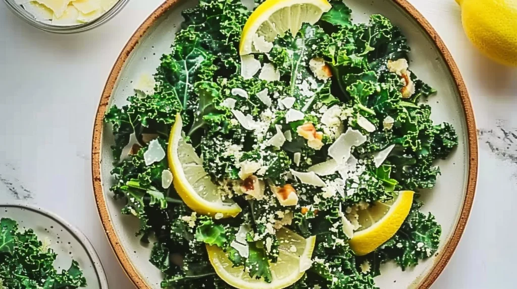 Fresh Kale Salad with Lemon and Parmesan garnished for a healthy meal.