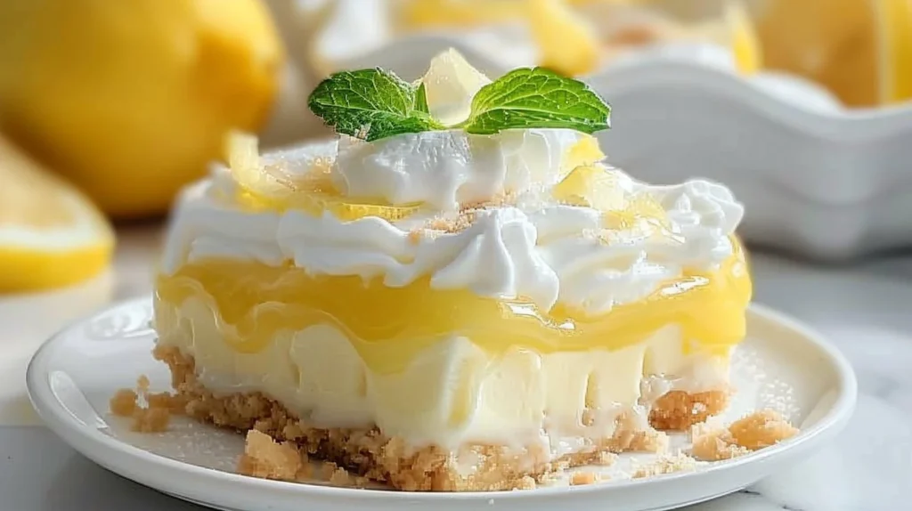 Delicious lemon lush dessert with creamy layers and a tangy lemon taste.