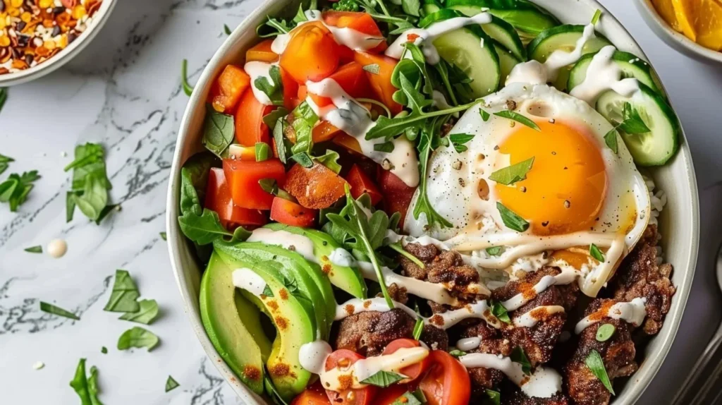Loaded Paleo Burger Bowls with fresh ingredients and toppings
