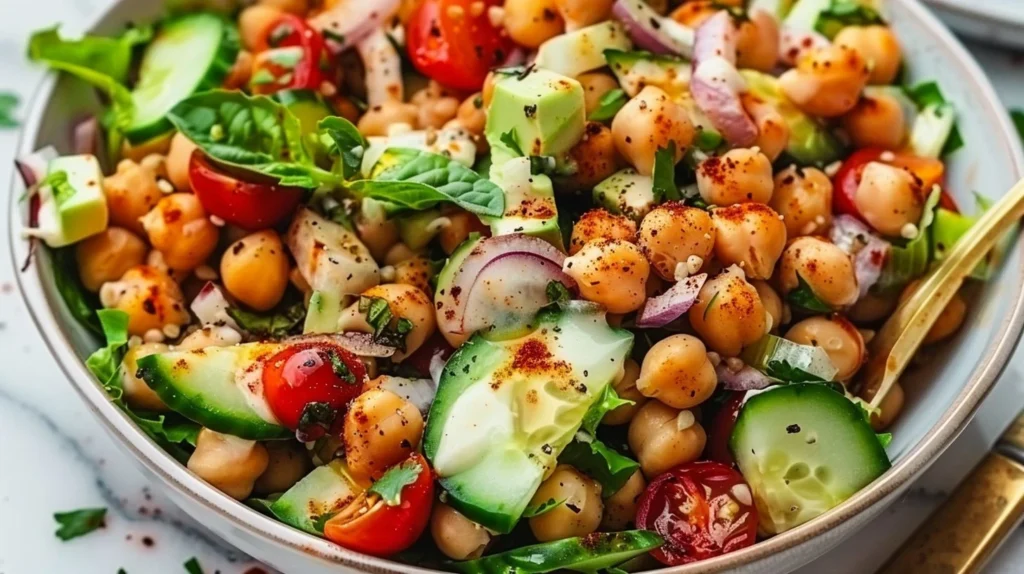 Colorful Mediterranean chickpea salad with fresh vegetables and herbs
