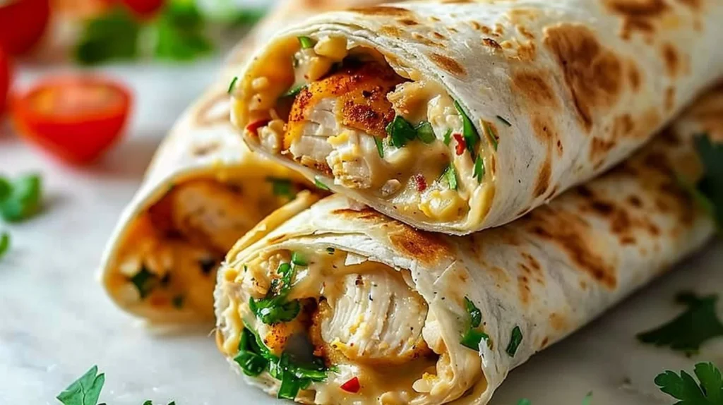 Delicious ooey-gooey cheesy garlic chicken wraps ready to eat.