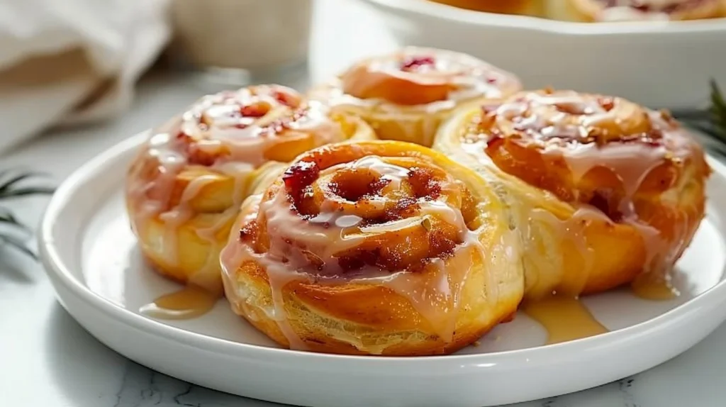 Homemade orange sweet rolls topped with a citrus glaze on a wooden table.