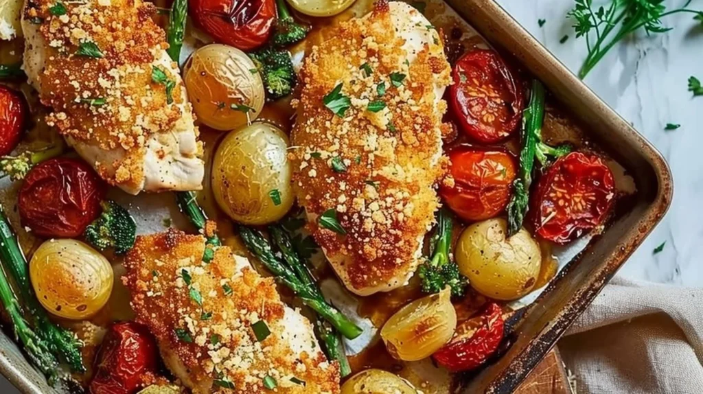 Parmesan crusted chicken and vegetables on a sheet pan ready to be served.