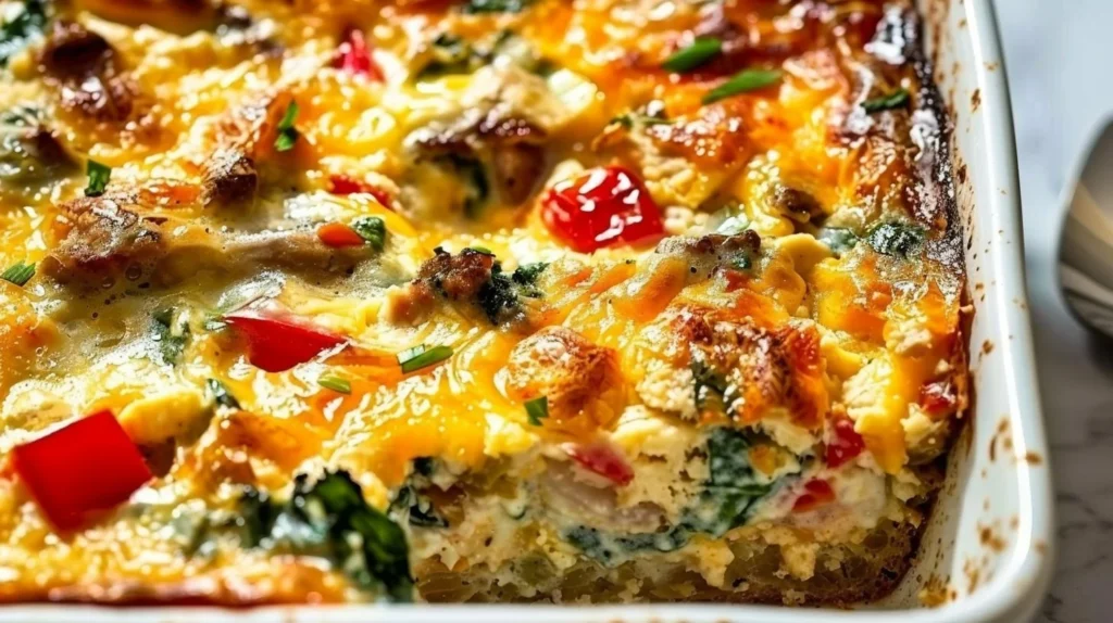 Savory breakfast casserole topped with cheese and vegetables