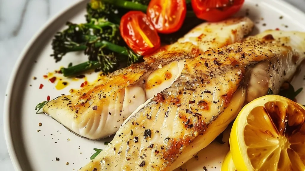 Plate of simple baked fish garnished with herbs and lemon
