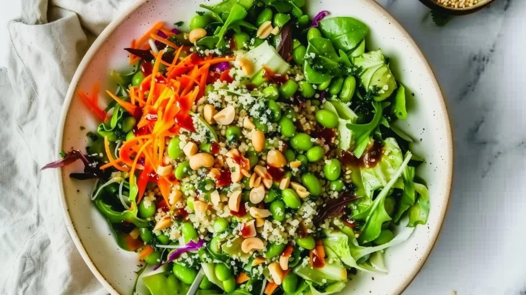 Vegan Edamame Salad with Ginger-Peanut Dressing in a bowl