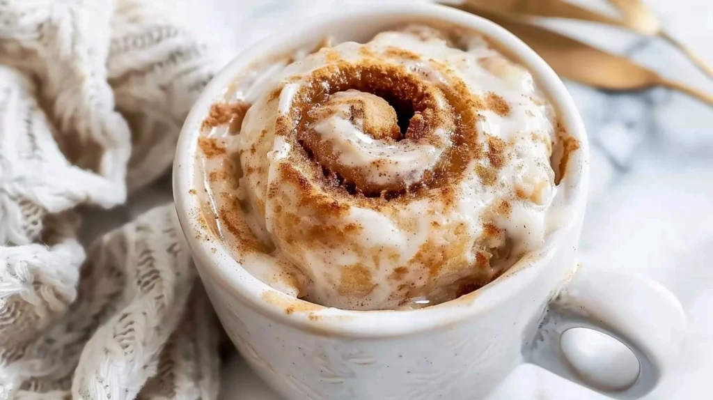 Vegan Gluten-Free Cinnamon Roll Mug Cake topped with icing and cinnamon